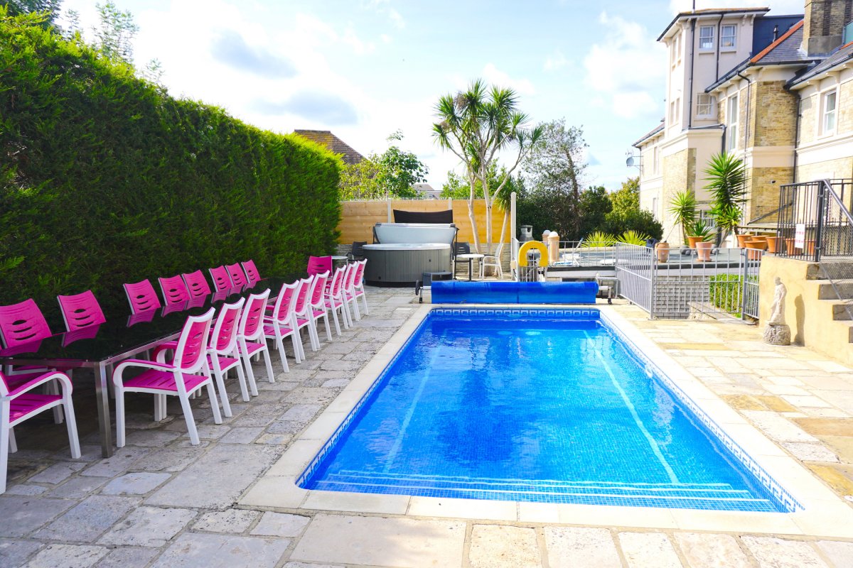 Private heated swimming pool in sheltered, secluded sun terrace
